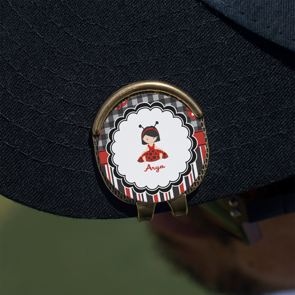 Ladybugs & Stripes Golf Ball Marker Hat Clip - Gold - On Hat