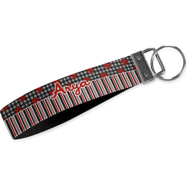 Custom Ladybugs & Stripes Wristlet Webbing Keychain Fob (Personalized)