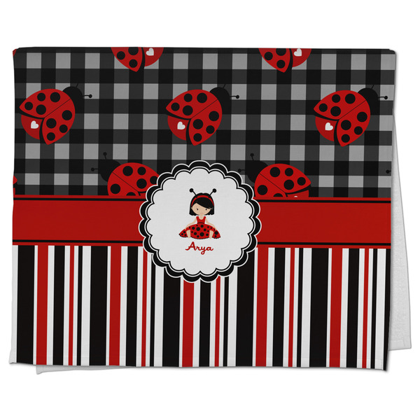 Custom Ladybugs & Stripes Kitchen Towel - Poly Cotton w/ Name or Text