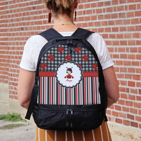 Ladybugs & Stripes Large Backpack - Black - On Back