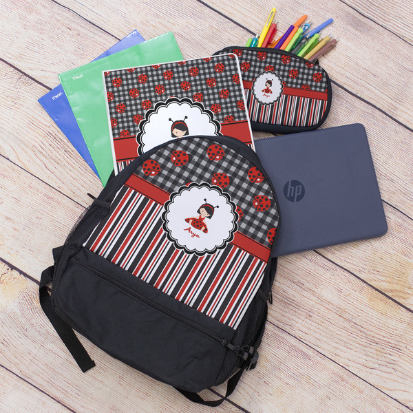 Ladybugs & Stripes Large Backpack - Black - With Stuff