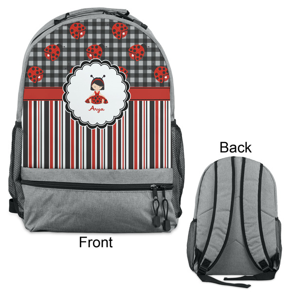 Ladybugs & Stripes Large Backpack - Gray - Front & Back View