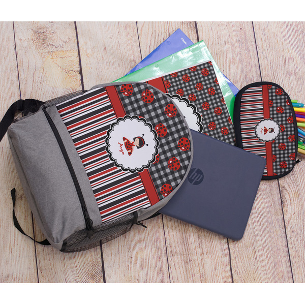 Ladybugs & Stripes Large Backpack - Gray - With Stuff