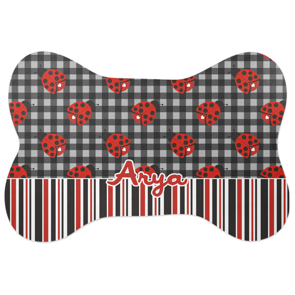 Custom Ladybugs & Stripes Bone Shaped Dog Food Mat (Large) (Personalized)