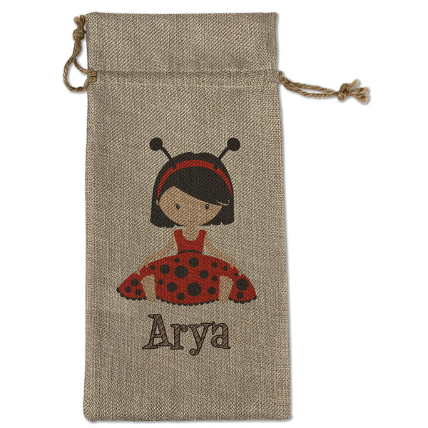 Custom Ladybugs & Stripes Large Burlap Gift Bag - Front (Personalized)