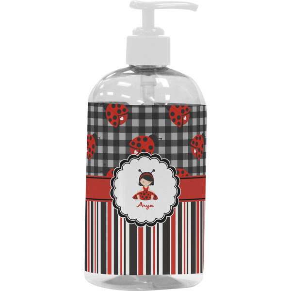 Custom Ladybugs & Stripes Plastic Soap / Lotion Dispenser (16 oz - Large - White) (Personalized)