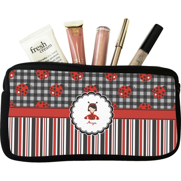 Custom Ladybugs & Stripes Makeup / Cosmetic Bag - Small (Personalized)