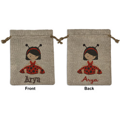 Ladybugs & Stripes Medium Burlap Gift Bag - Front & Back (Personalized)