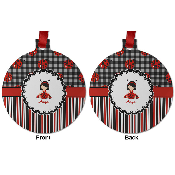 Ladybugs & Stripes Metal Ball Ornament - Front and Back