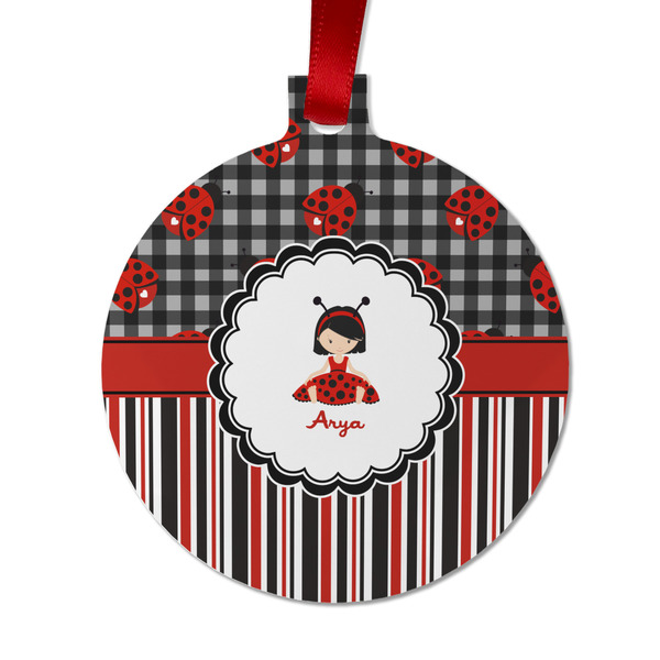 Custom Ladybugs & Stripes Metal Ball Ornament - Double Sided w/ Name or Text