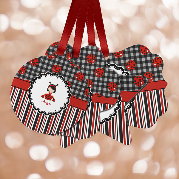 Custom Ladybugs & Stripes Metal Ornaments - Double Sided w/ Name or Text