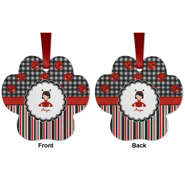 Ladybugs & Stripes Metal Paw Ornament - Front and Back
