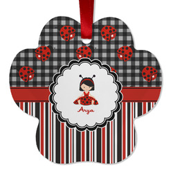Ladybugs & Stripes Metal Paw Ornament - Double Sided w/ Name or Text