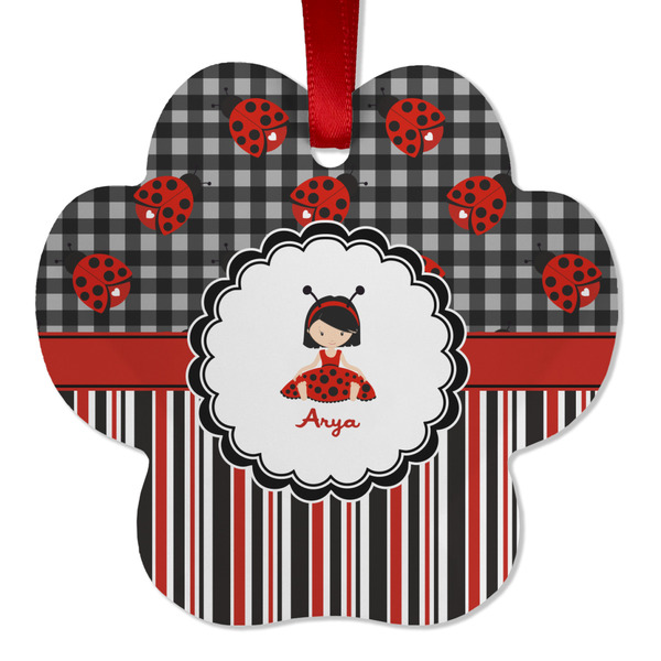 Custom Ladybugs & Stripes Metal Paw Ornament - Double Sided w/ Name or Text