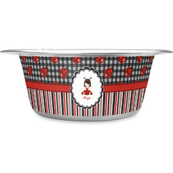 Ladybugs & Stripes Stainless Steel Dog Bowl - Large (Personalized)