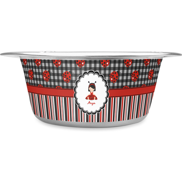 Custom Ladybugs & Stripes Stainless Steel Dog Bowl - Medium (Personalized)