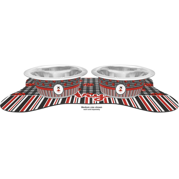 Ladybugs & Stripes Metal Pet Bowls - On Dog Bone Shaped Mat