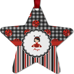 Ladybugs & Stripes Metal Star Ornament - Double Sided w/ Name or Text