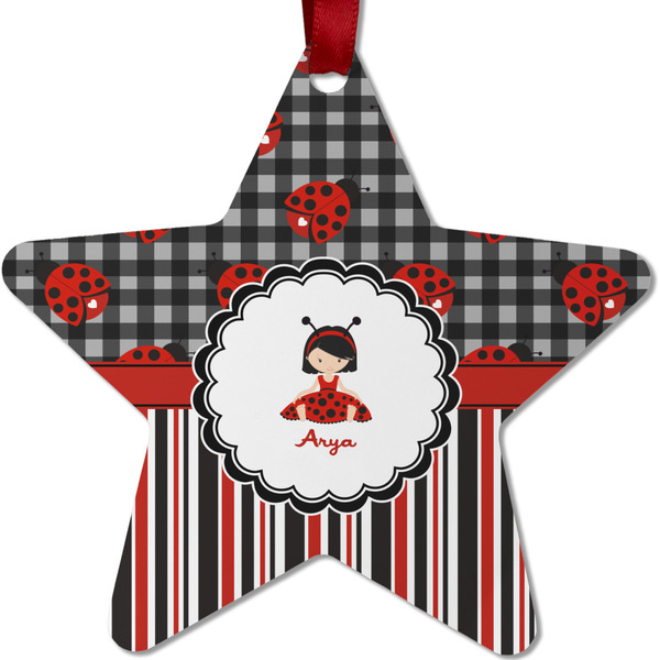 Custom Ladybugs & Stripes Metal Star Ornament - Double Sided w/ Name or Text
