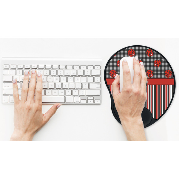 Ladybugs & Stripes Mouse Pad with Wrist Rest - LIFESYTLE 2 (in use)