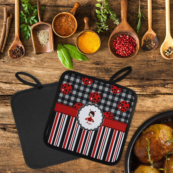 Ladybugs & Stripes Neoprene Pot Holder - Set of 2  LIFESTYLE (Flatlay)