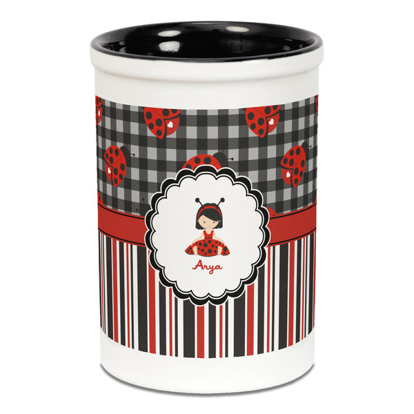 Custom Ladybugs & Stripes Ceramic Pencil Holders - Black
