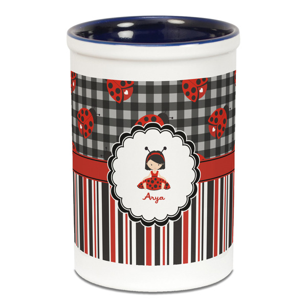 Custom Ladybugs & Stripes Ceramic Pencil Holders - Blue