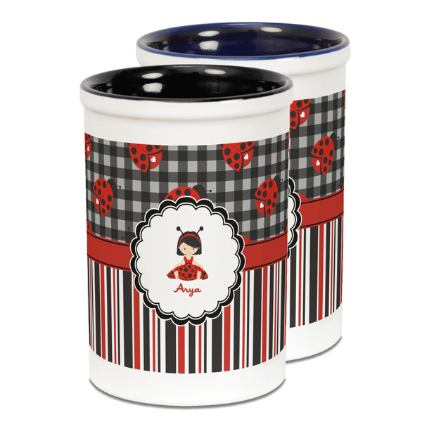 Custom Ladybugs & Stripes Ceramic Pencil Holder - Large