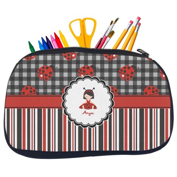 Custom Ladybugs & Stripes Neoprene Pencil Case - Medium w/ Name or Text