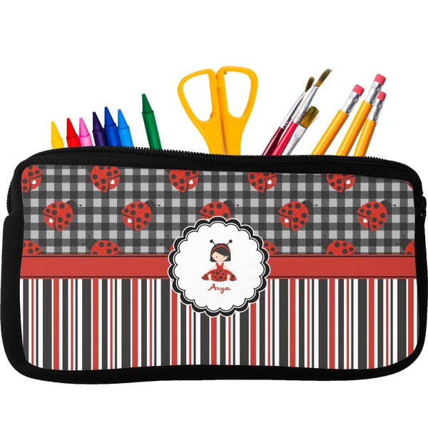 Custom Ladybugs & Stripes Neoprene Pencil Case - Small w/ Name or Text