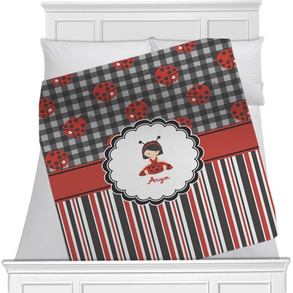 Custom Ladybugs & Stripes Minky Blanket - Twin / Full - 80"x60" - Double Sided (Personalized)