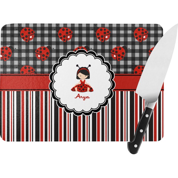 Custom Ladybugs & Stripes Rectangular Glass Cutting Board (Personalized)