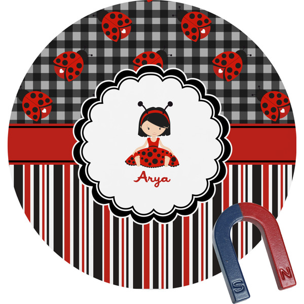 Custom Ladybugs & Stripes Round Fridge Magnet (Personalized)