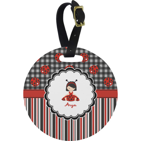 Custom Ladybugs & Stripes Plastic Luggage Tag - Round (Personalized)