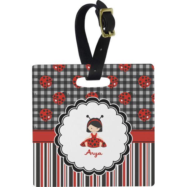 Custom Ladybugs & Stripes Plastic Luggage Tag - Square w/ Name or Text