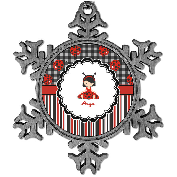 Custom Ladybugs & Stripes Vintage Snowflake Ornament (Personalized)