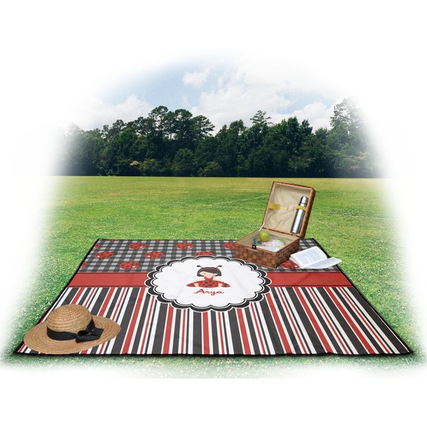 Ladybugs & Stripes Picnic Blanket - with Basket Hat and Book - in Use