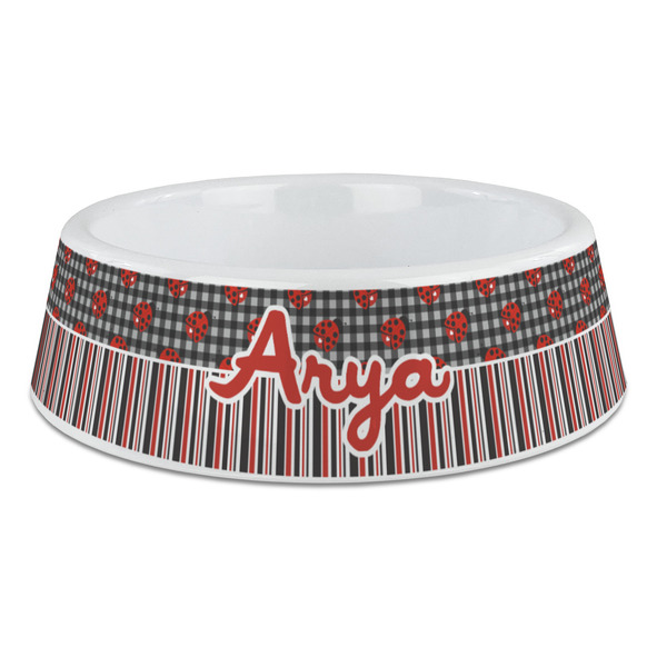 Custom Ladybugs & Stripes Plastic Dog Bowl - Large (Personalized)
