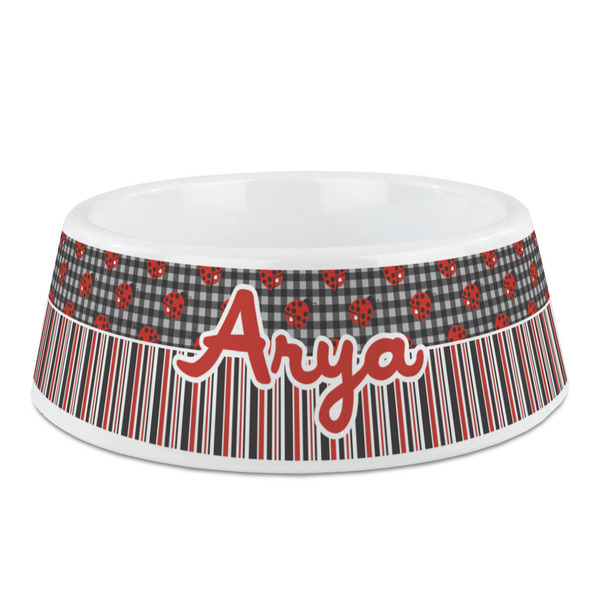 Custom Ladybugs & Stripes Plastic Dog Bowl (Personalized)