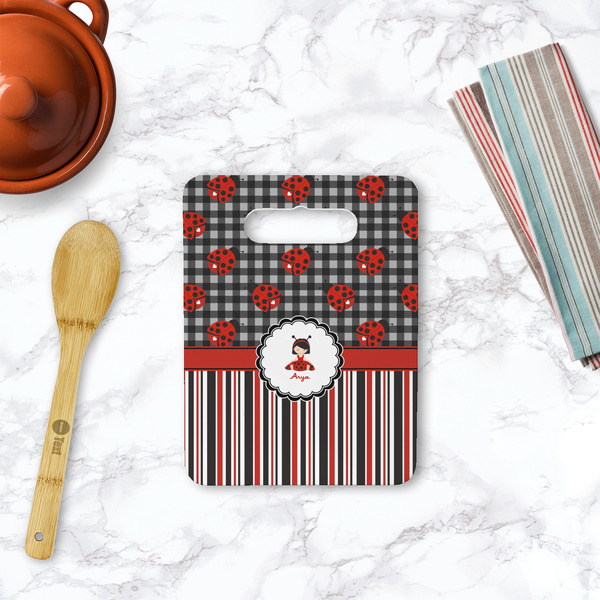 Ladybugs & Stripes Rectangle Trivet with Handle - LIFESTYLE