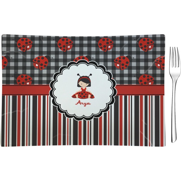 Custom Ladybugs & Stripes Glass Rectangular Appetizer / Dessert Plate (Personalized)