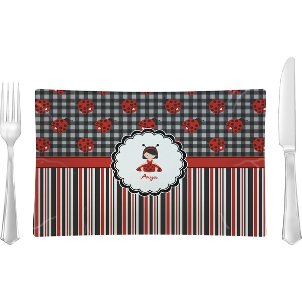 Custom Ladybugs & Stripes Rectangular Glass Lunch / Dinner Plate - Single or Set (Personalized)