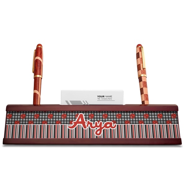 Ladybugs & Stripes Red Mahogany Nameplates with Business Card Holder - Straight