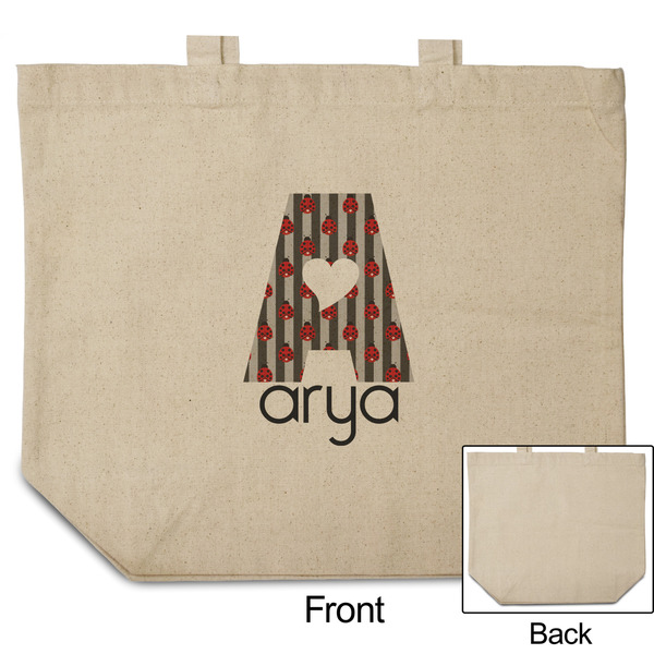 Ladybugs & Stripes Reusable Cotton Grocery Bag - Front & Back View