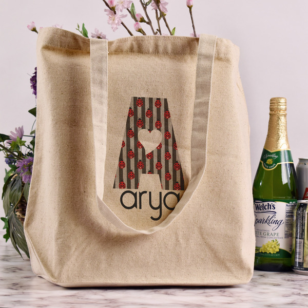 Ladybugs & Stripes Reusable Cotton Grocery Bag - In Context