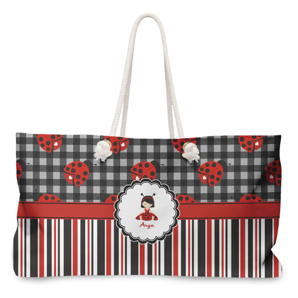 Custom Ladybugs & Stripes Large Tote Bag with Rope Handles (Personalized)