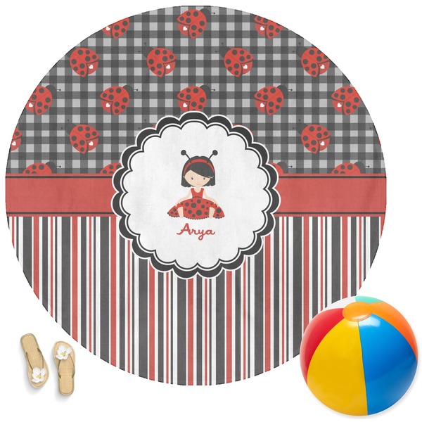 Custom Ladybugs & Stripes Round Beach Towel (Personalized)