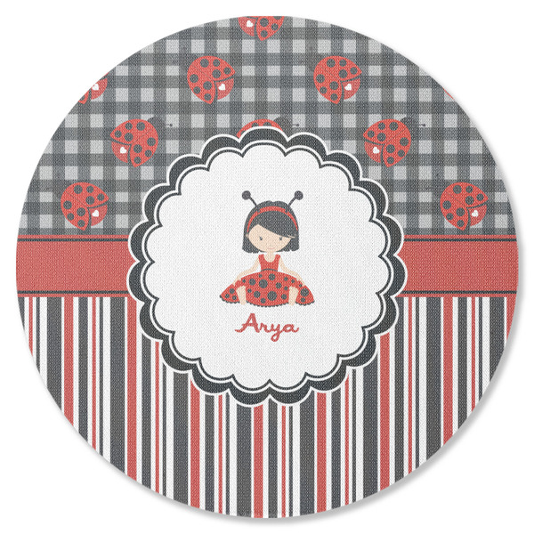 Custom Ladybugs & Stripes Round Rubber Backed Coaster (Personalized)