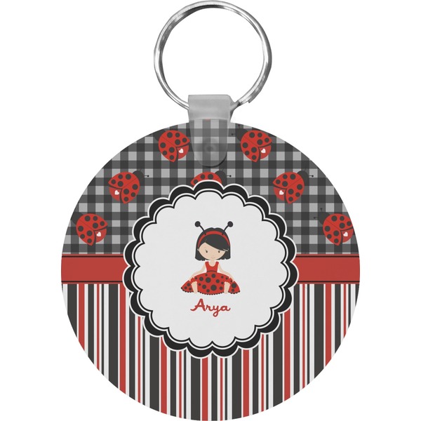 Custom Ladybugs & Stripes Round Plastic Keychain (Personalized)