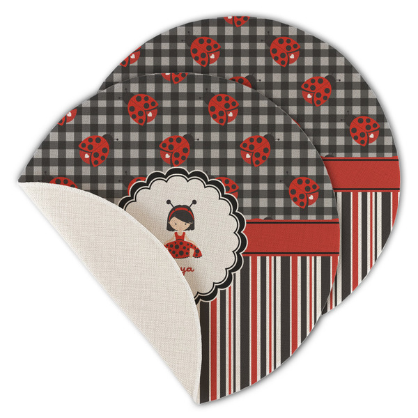 Custom Ladybugs & Stripes Round Linen Placemat - Single Sided - Set of 4 (Personalized)